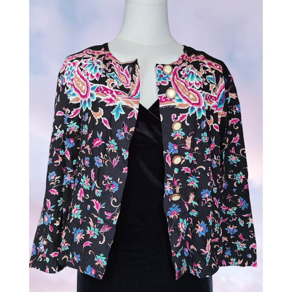 Vtg 80 Brittany Nicole Black Pink Rainbow Colorful Funky Paisley Swirl Top Sz M - Picture 2 of 8